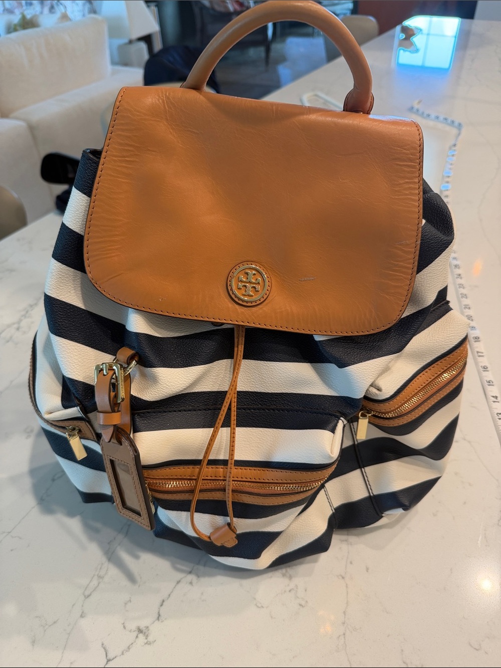 Tory Burch Navy and White Striped Canvas Backpack with Tan Leather Flap